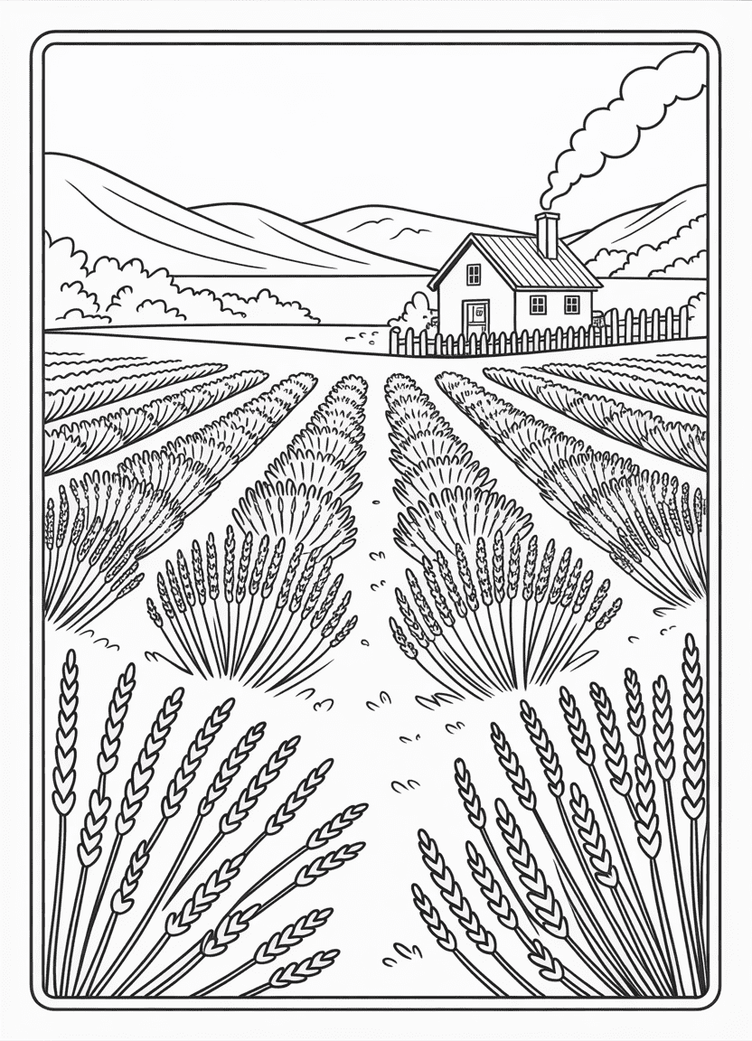 Lavender field coloring page with distant farmhouse
