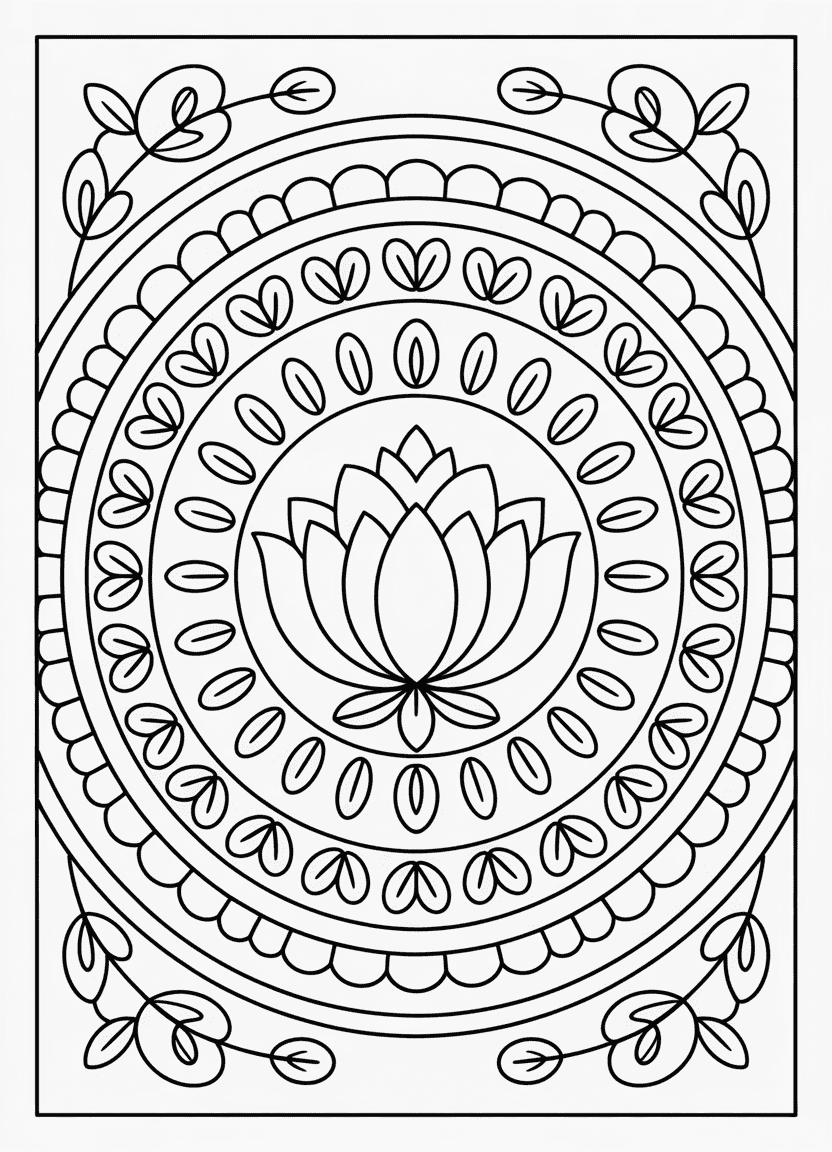 Lotus-based mandala flower coloring page with detailed symmetrical patterns