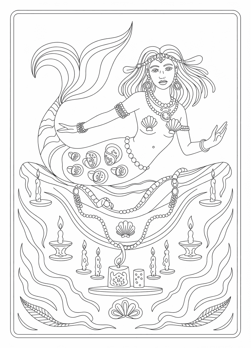 Mermaid coloring pages featuring a Haitian Loa-inspired mermaid with spirit symbols