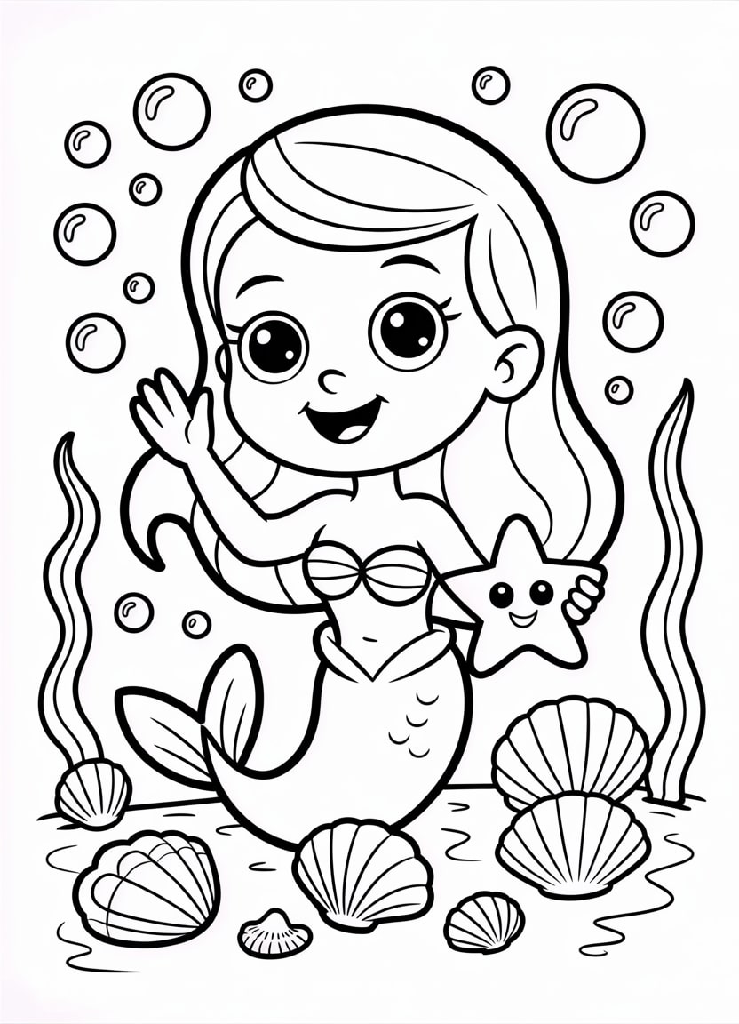 Mermaid coloring pages featuring a cute mermaid waving and holding a starfish