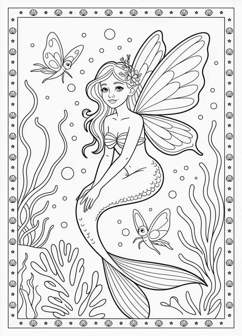 Mermaid coloring pages featuring a fairy mermaid in an enchanted coral garden