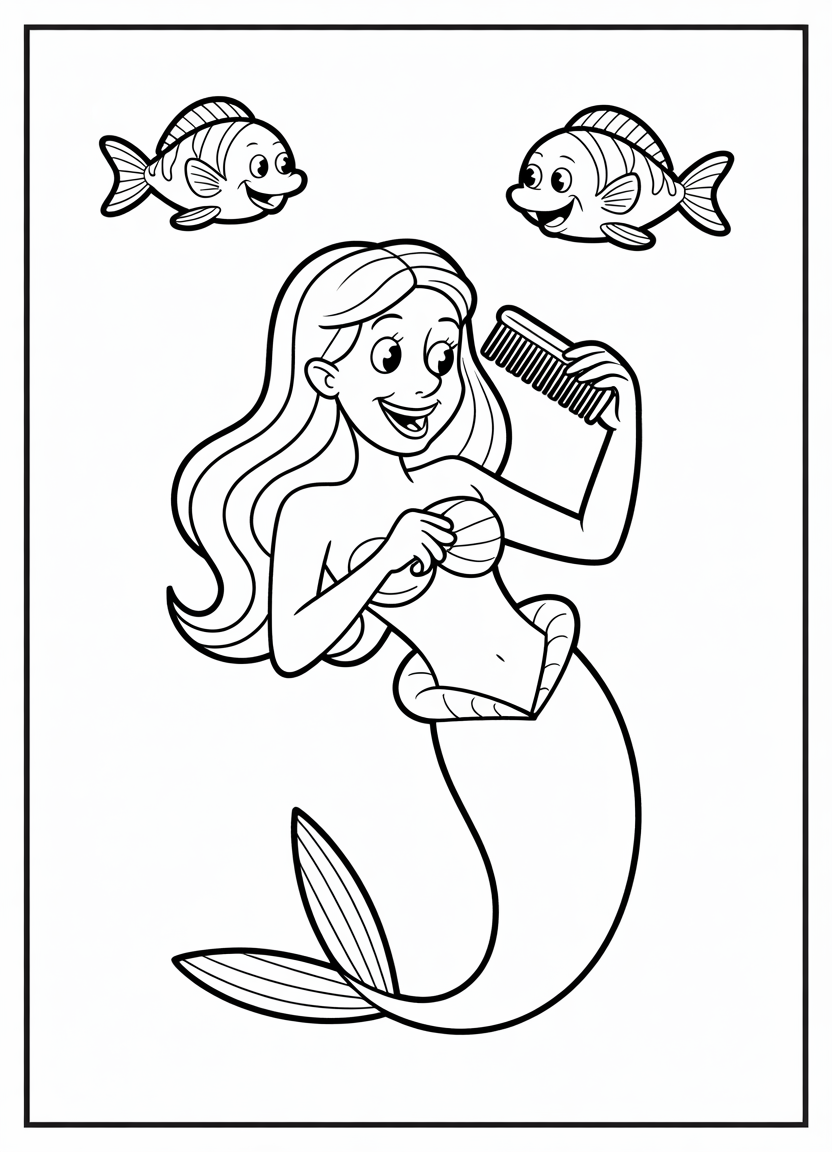 Mermaid coloring pages featuring a mermaid brushing her hair with a comb