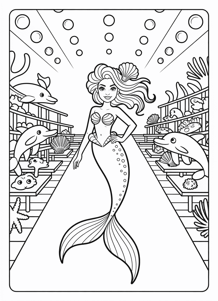 Mermaid coloring pages featuring a mermaid fashion show with runway and stylish outfit