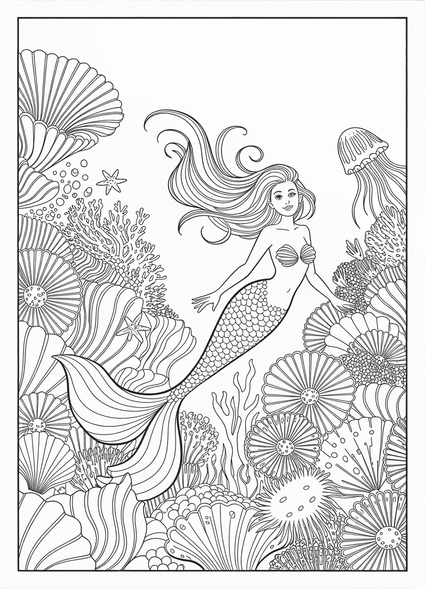 Mermaid coloring pages featuring a mermaid in a bioluminescent coral garden
