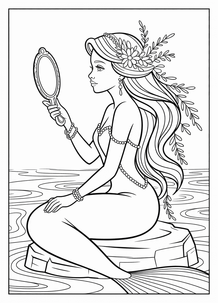 Mermaid coloring pages featuring a mermaid in a pearl gown with mirror and sea flower hair