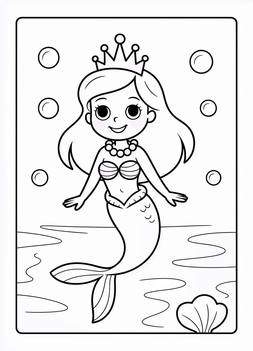 Mermaid coloring pages featuring a mermaid wearing a crown and jewelry