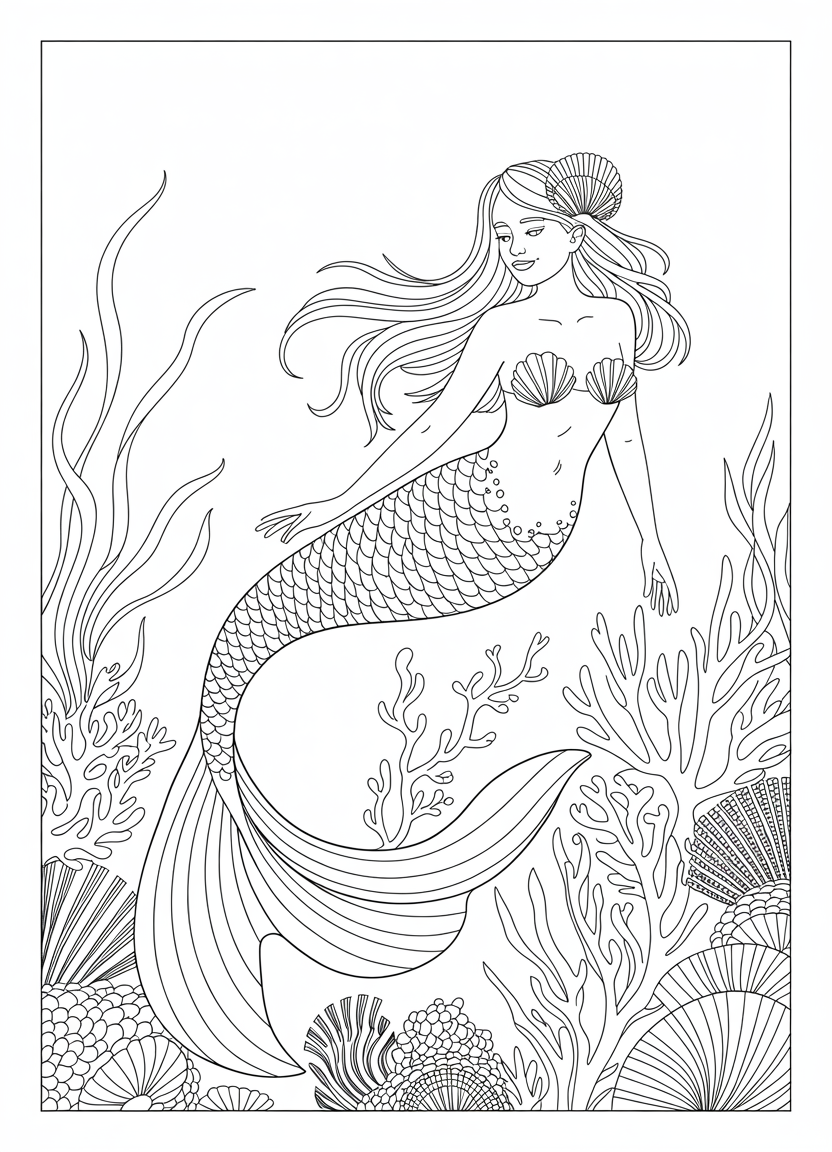 Mermaid coloring pages featuring a mermaid wrapped in seaweed and coral patterns