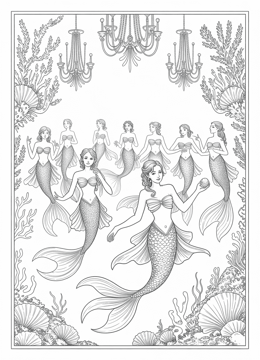 Mermaid coloring pages featuring a royal mermaid ball with dancing courtiers