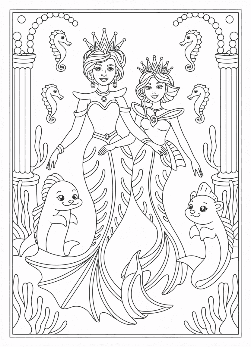 Mermaid coloring pages featuring a royal mermaid family under the sea