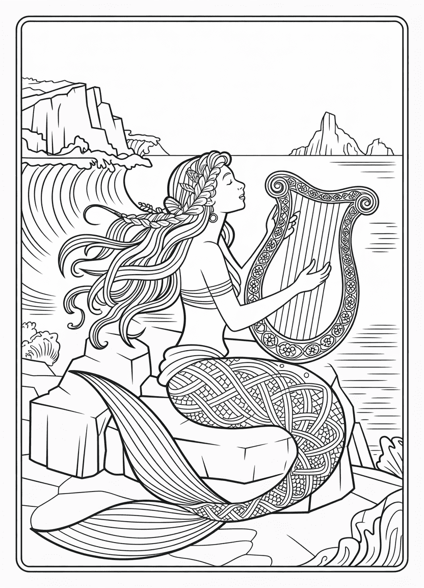 Mermaid coloring pages of a Celtic mermaid with braided hair and knotwork tail