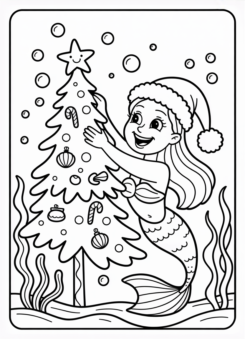 Mermaid coloring pages of a Christmas mermaid decorating an ocean-themed holiday tree