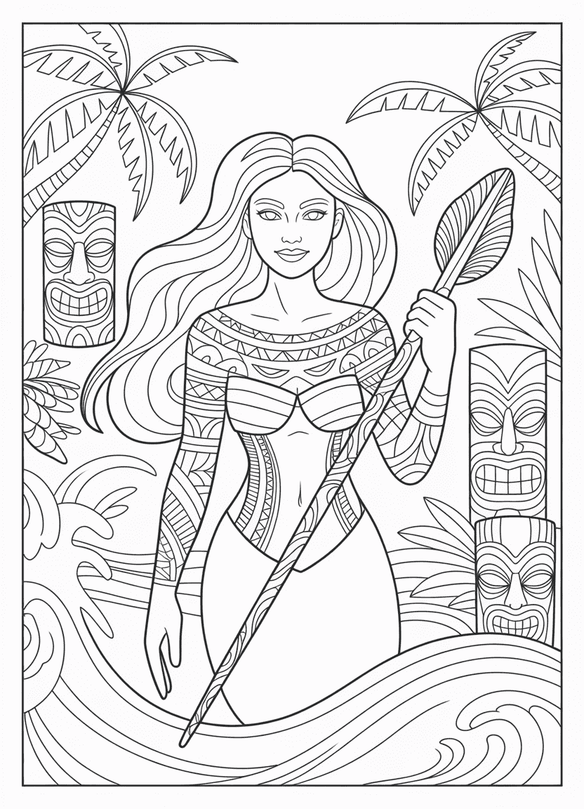Mermaid coloring pages of a Polynesian mermaid with tribal tattoos and ocean tiki elements