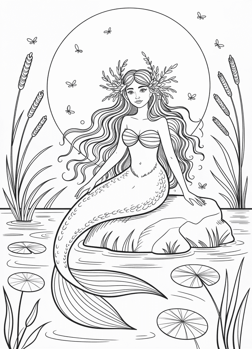 Mermaid coloring pages of a Slavic rusalka mermaid by a forest river at night