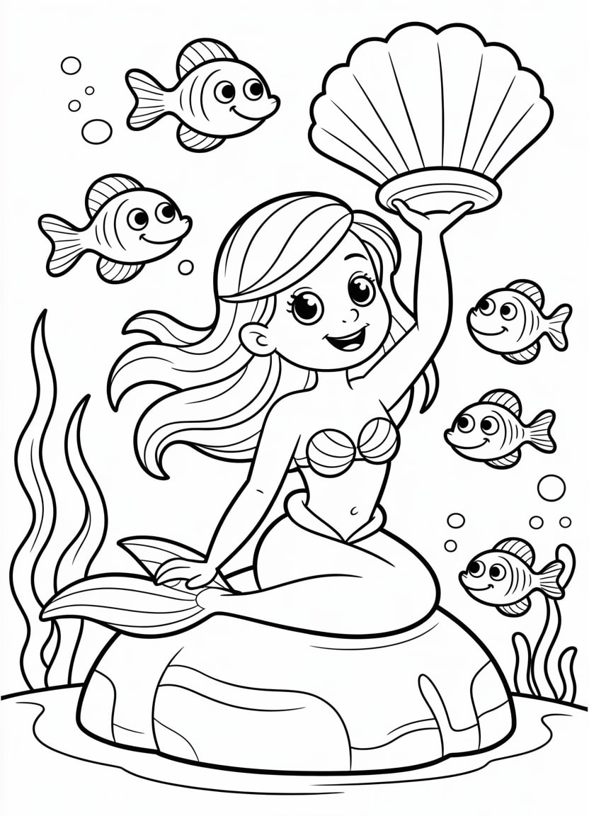 Mermaid coloring pages of a cute mermaid holding a large seashell underwater
