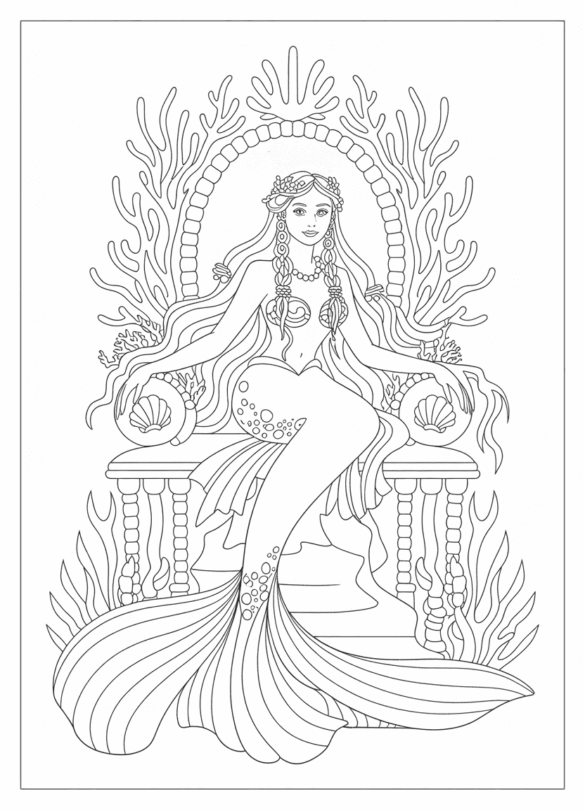 Mermaid coloring pages of a majestic mermaid queen in her throne room