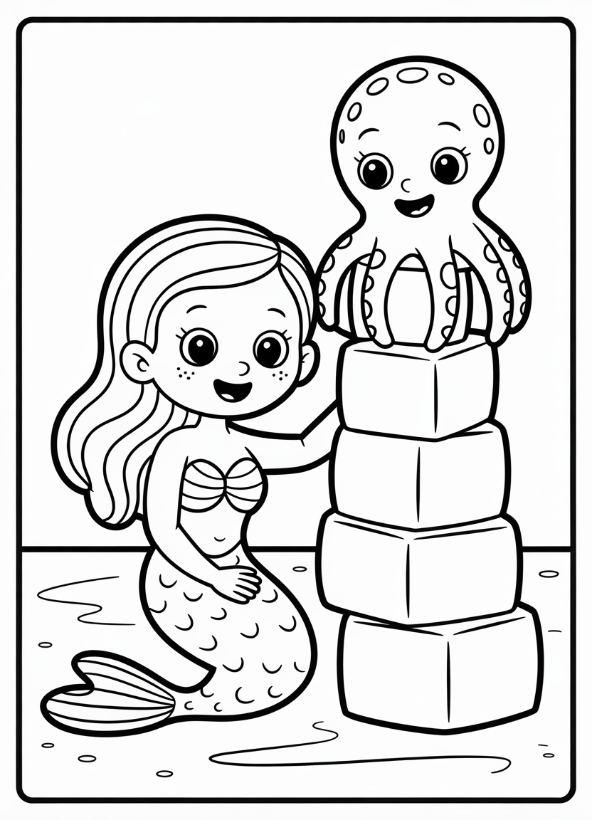 Mermaid coloring pages of a mermaid and octopus playing with toy blocks