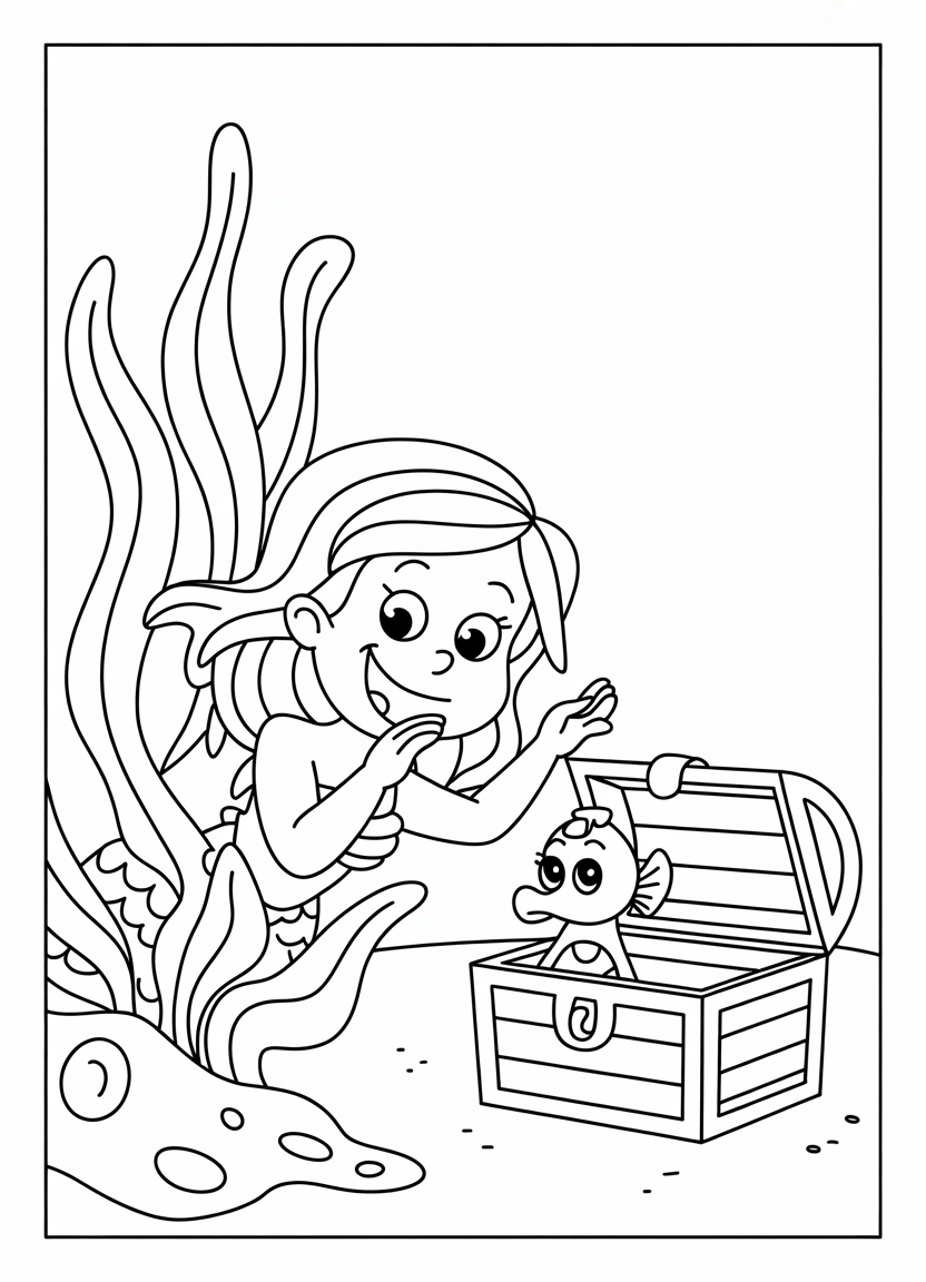 Mermaid coloring pages of a mermaid and seahorse playing hide and seek