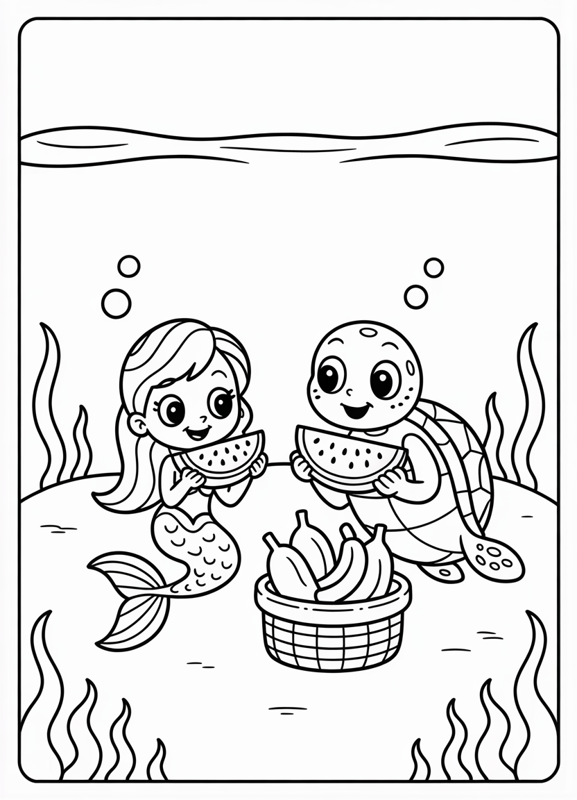 Mermaid coloring pages of a mermaid and turtle enjoying a picnic
