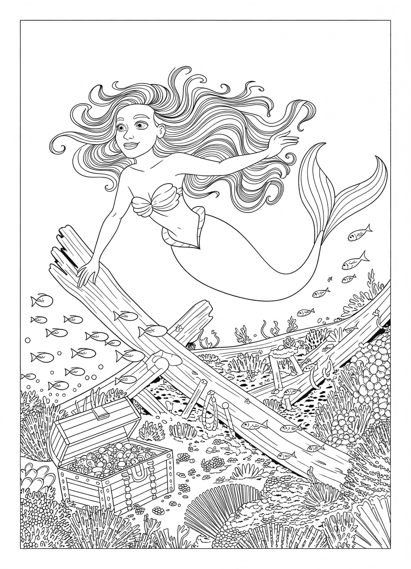 Mermaid coloring pages of a mermaid exploring a detailed shipwreck underwater
