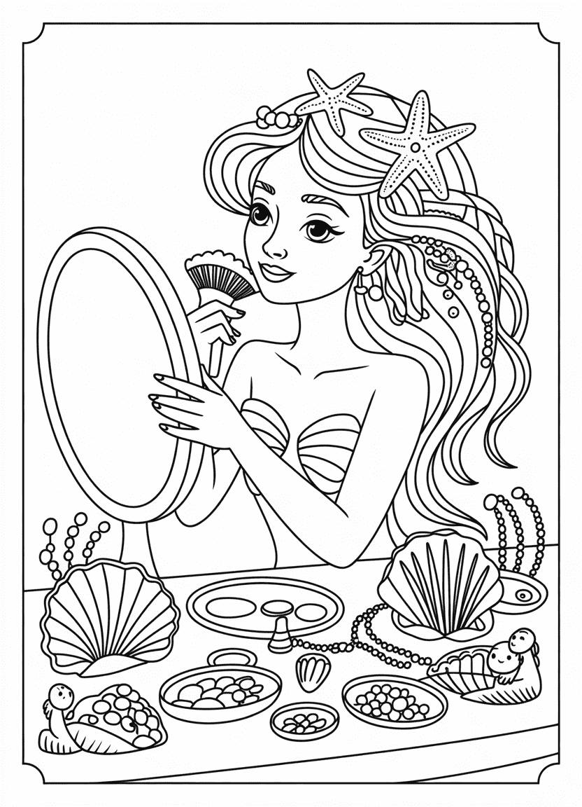 Mermaid coloring pages of a mermaid getting ready at her vanity mirror with shells and jewelry