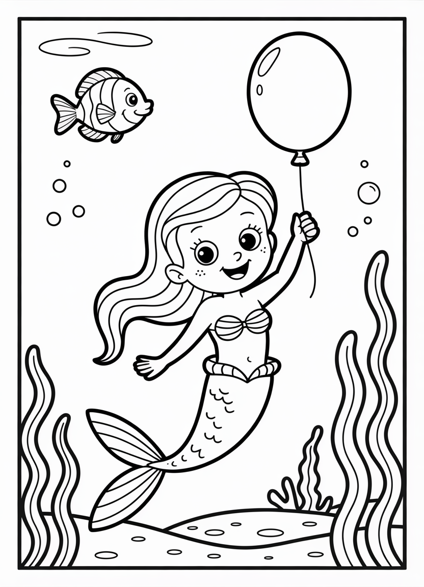 Mermaid coloring pages of a mermaid holding a balloon underwater