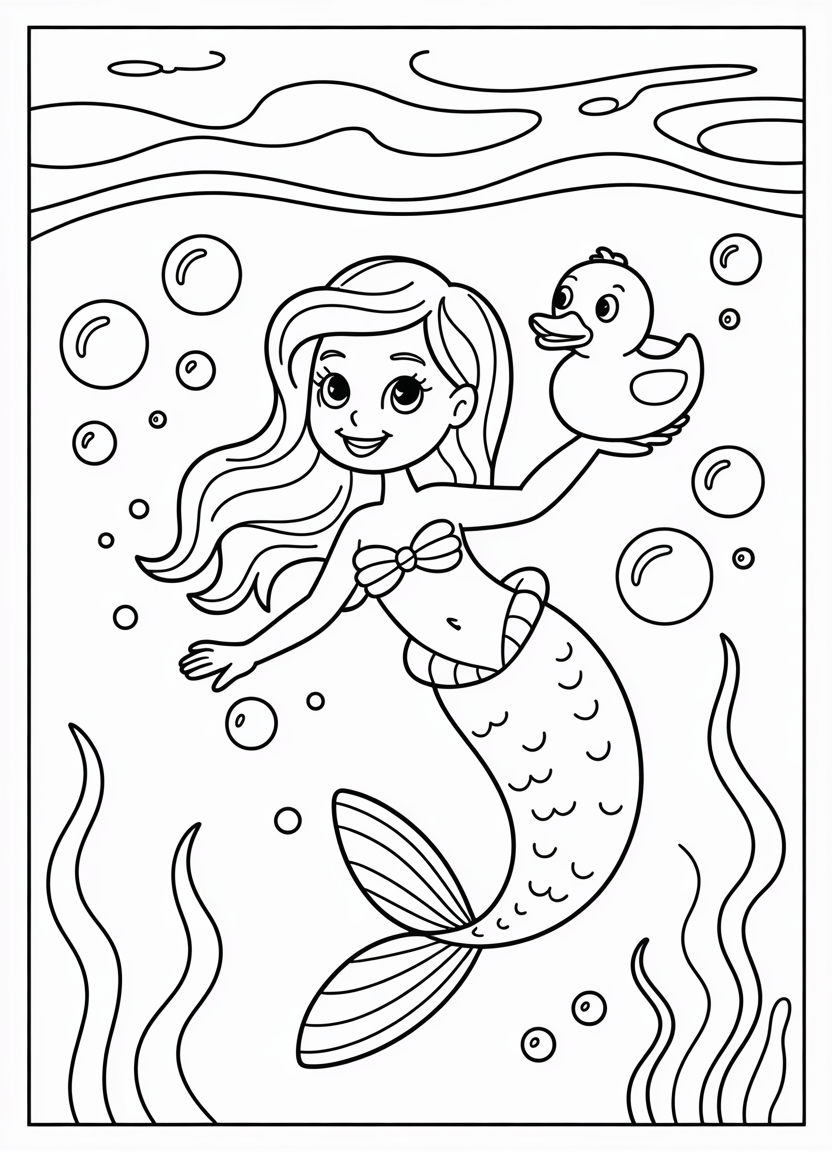 Mermaid coloring pages of a mermaid in a bubble bath underwater