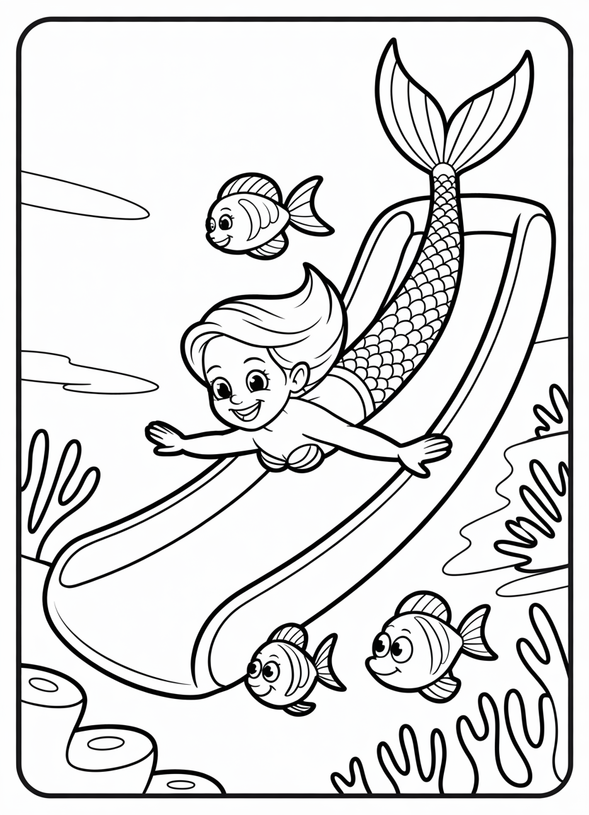 Mermaid coloring pages of a mermaid playing on a coral reef slide