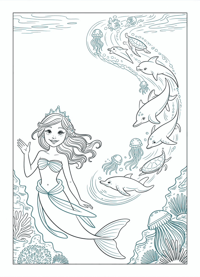 Mermaid coloring pages of a mermaid prince leading a royal sea creature parade