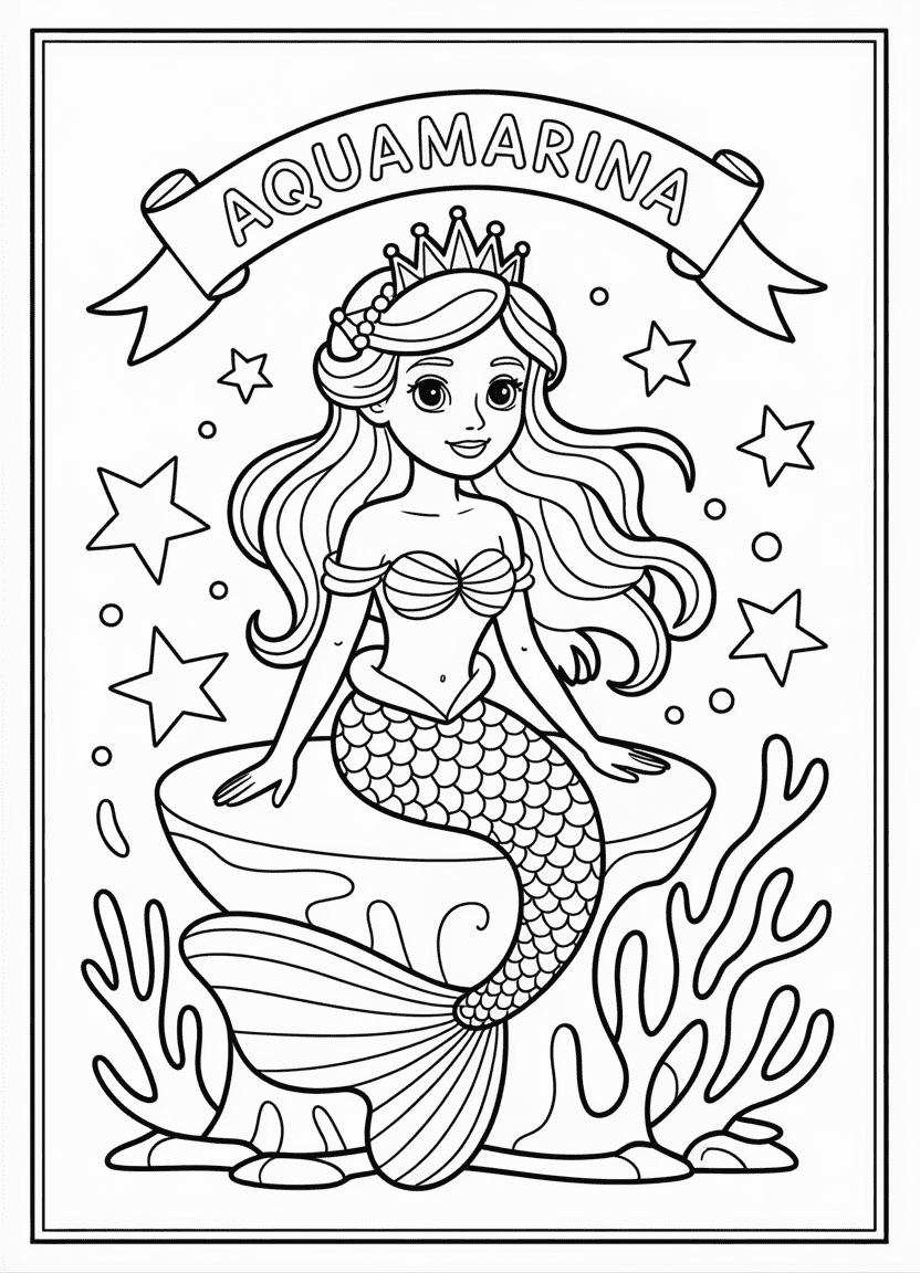 Mermaid coloring pages of a mermaid princess sitting on a coral throne