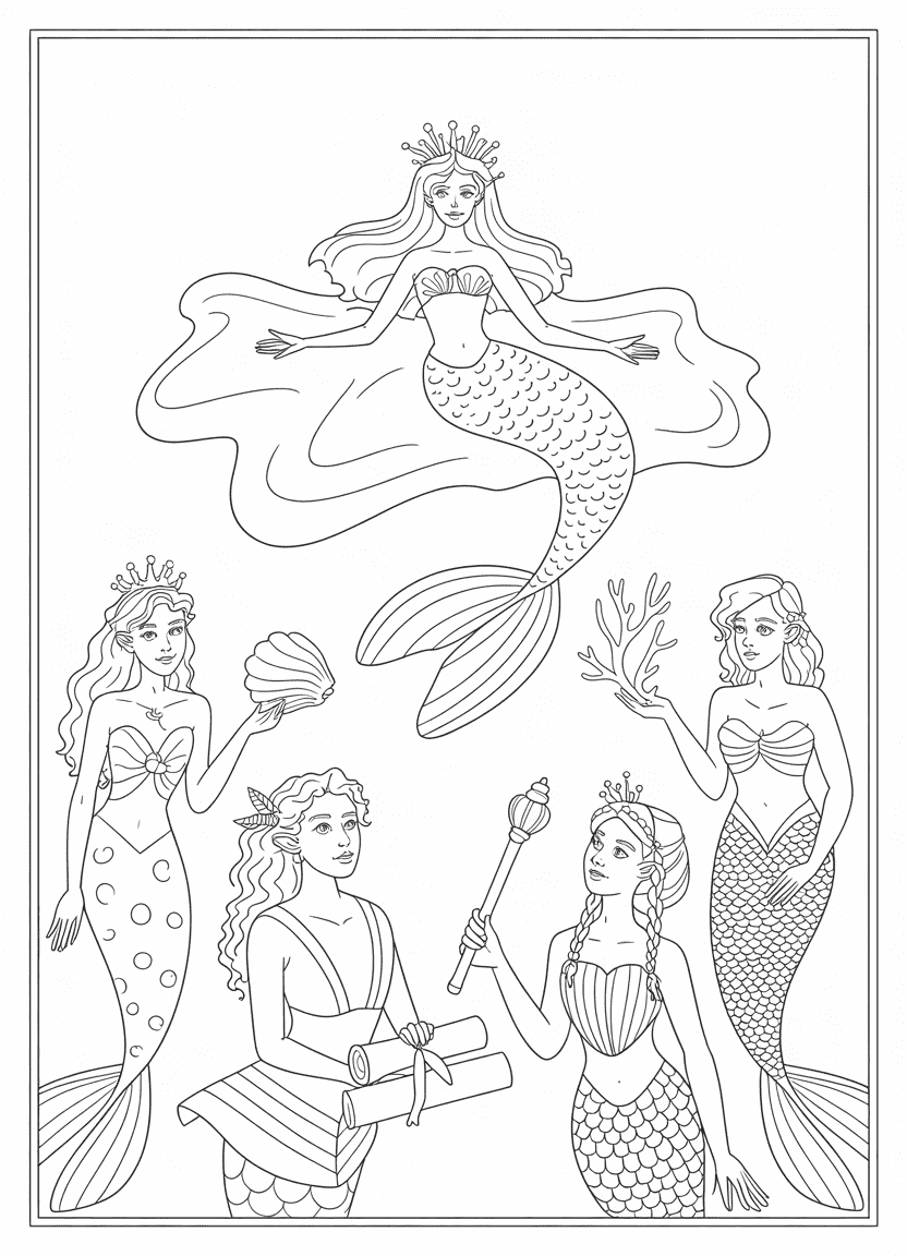 Mermaid coloring pages of a mermaid queen with her royal court attendants