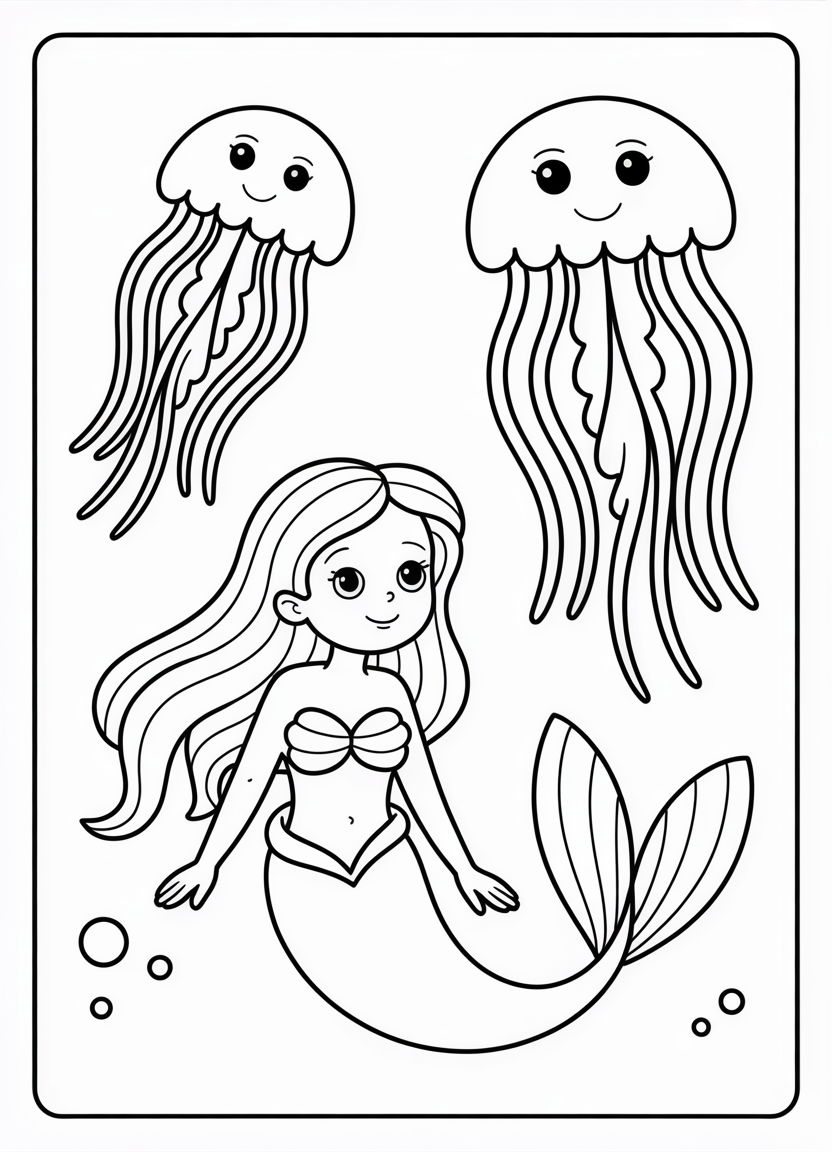 Mermaid coloring pages of a mermaid swimming with jellyfish