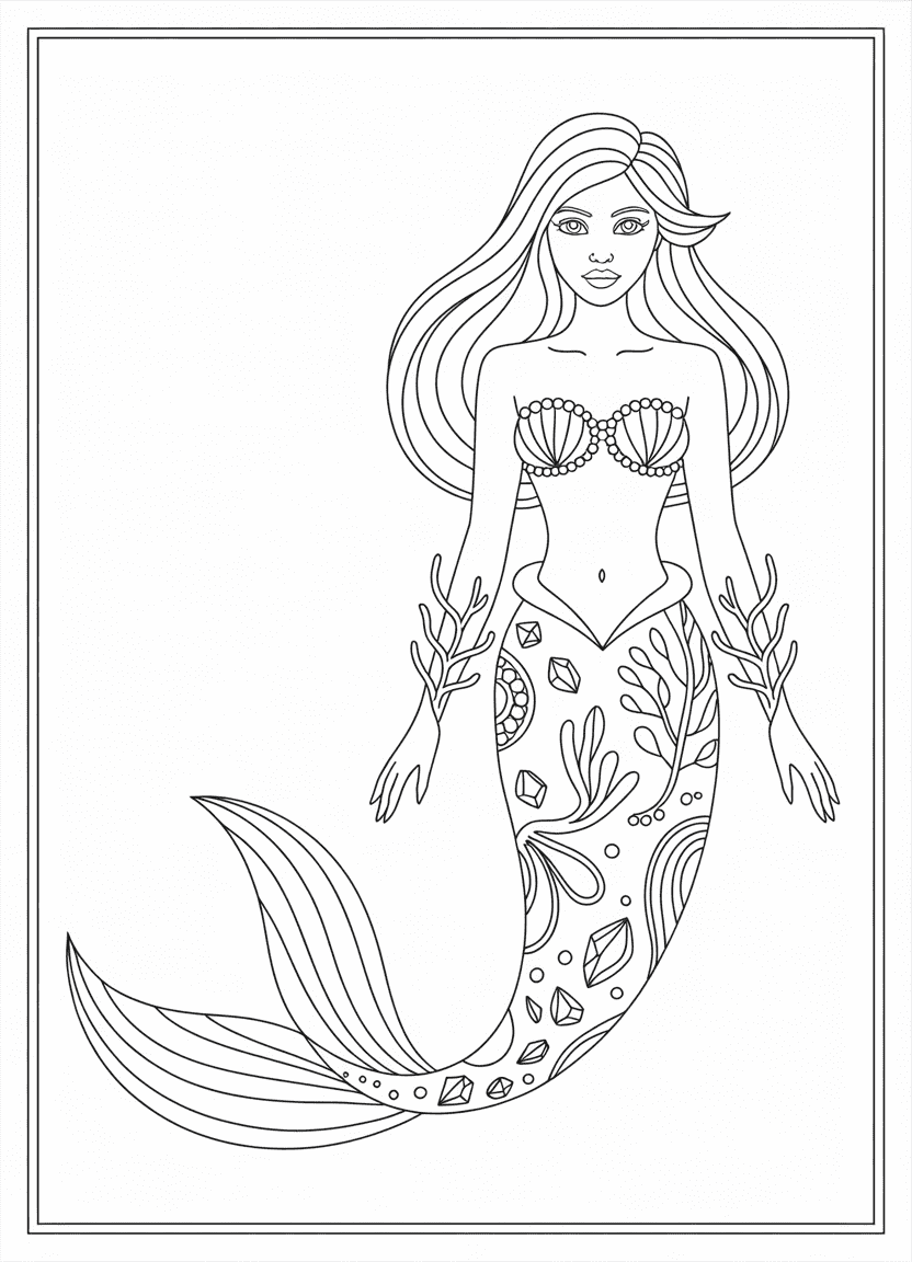 Mermaid coloring pages of a mermaid with a gem-decorated tail and patterned accessories