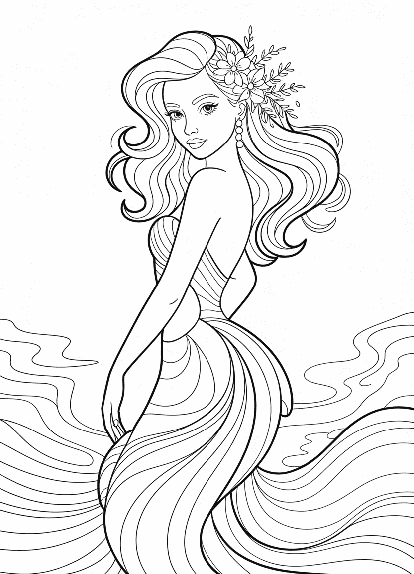 Mermaid coloring pages of a stylish mermaid with a ruffled tail and elegant accessories