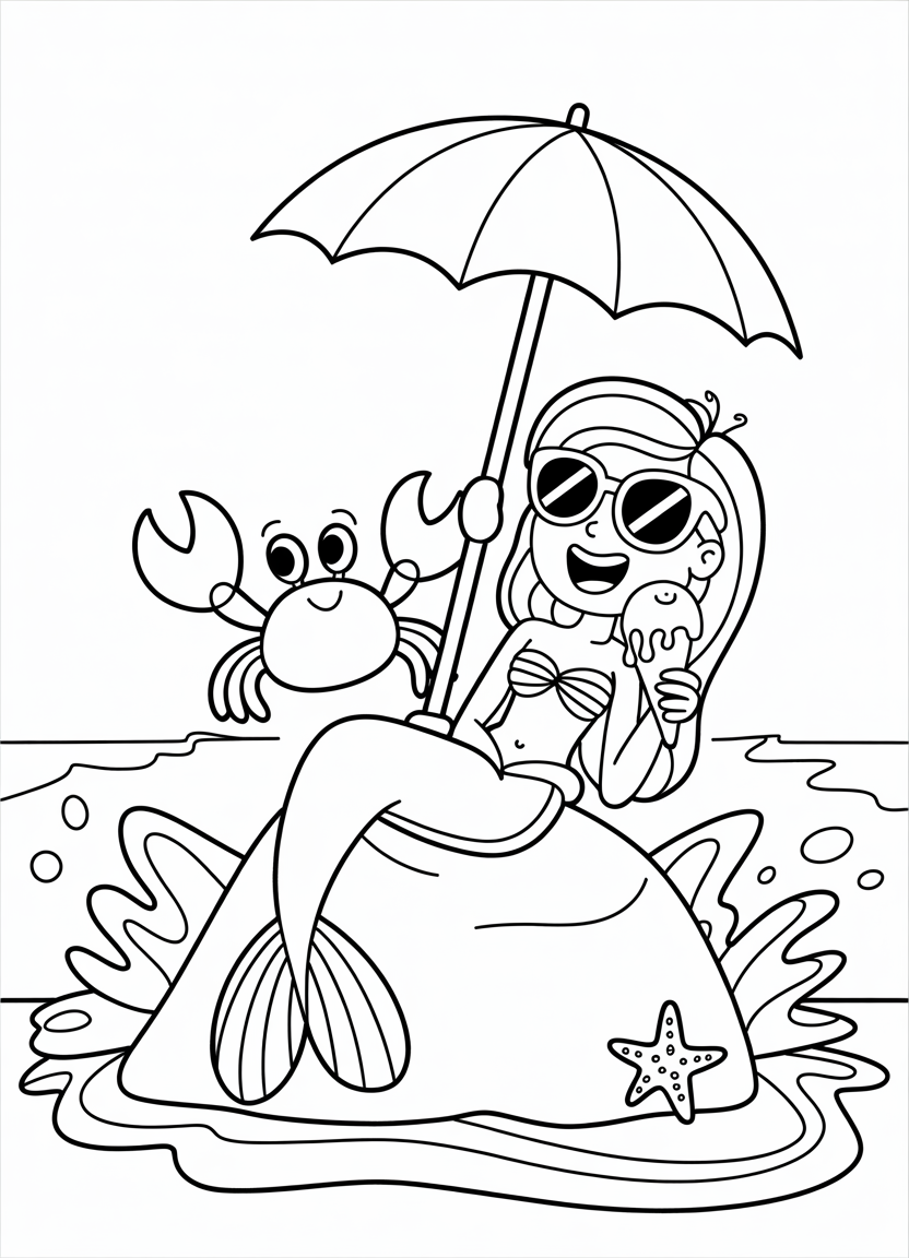Mermaid coloring pages of a summer mermaid with sunglasses and ice cream