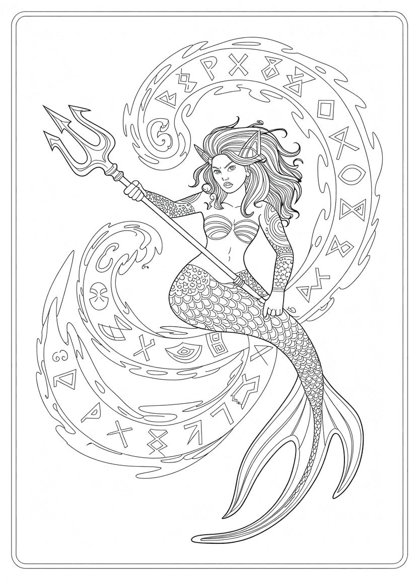 Mermaid coloring pages of a warrior mermaid with scale armor and ocean runes
