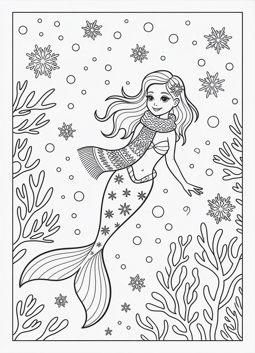 Mermaid coloring pages of a winter mermaid with a snowflake tail