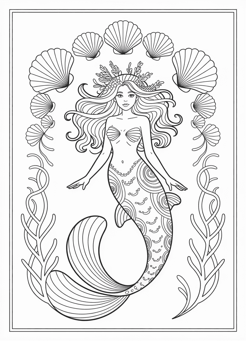 Mermaid coloring pages of an Art Nouveau mermaid with a decorative shell border