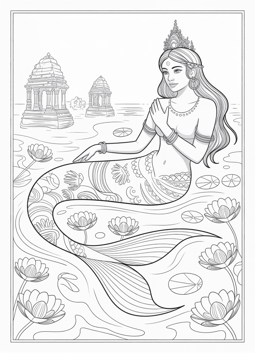 Mermaid coloring pages of an Indian Ocean mermaid with lotus flowers and temple ruins