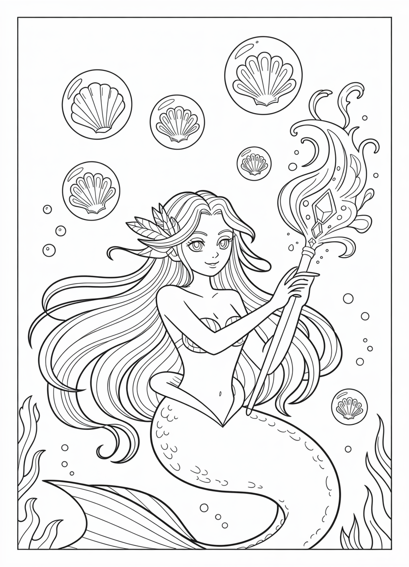 Mermaid coloring pages of an anime mermaid with a magical staff and sea spirits