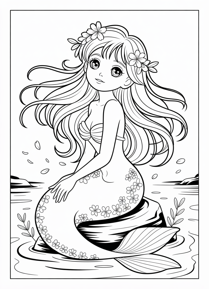 Mermaid coloring pages of an anime-style mermaid with big eyes and flowing hair