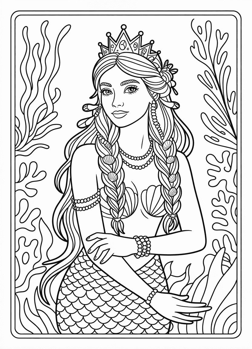Mermaid coloring pages of an elegant mermaid queen with layered jewelry and braided hair