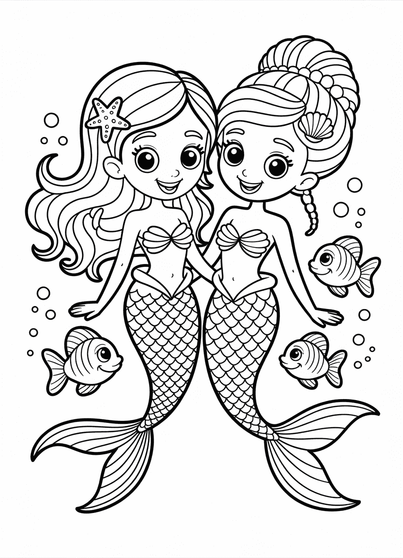 Mermaid coloring pages of fashionable mermaid best friends with stylish outfits and hair