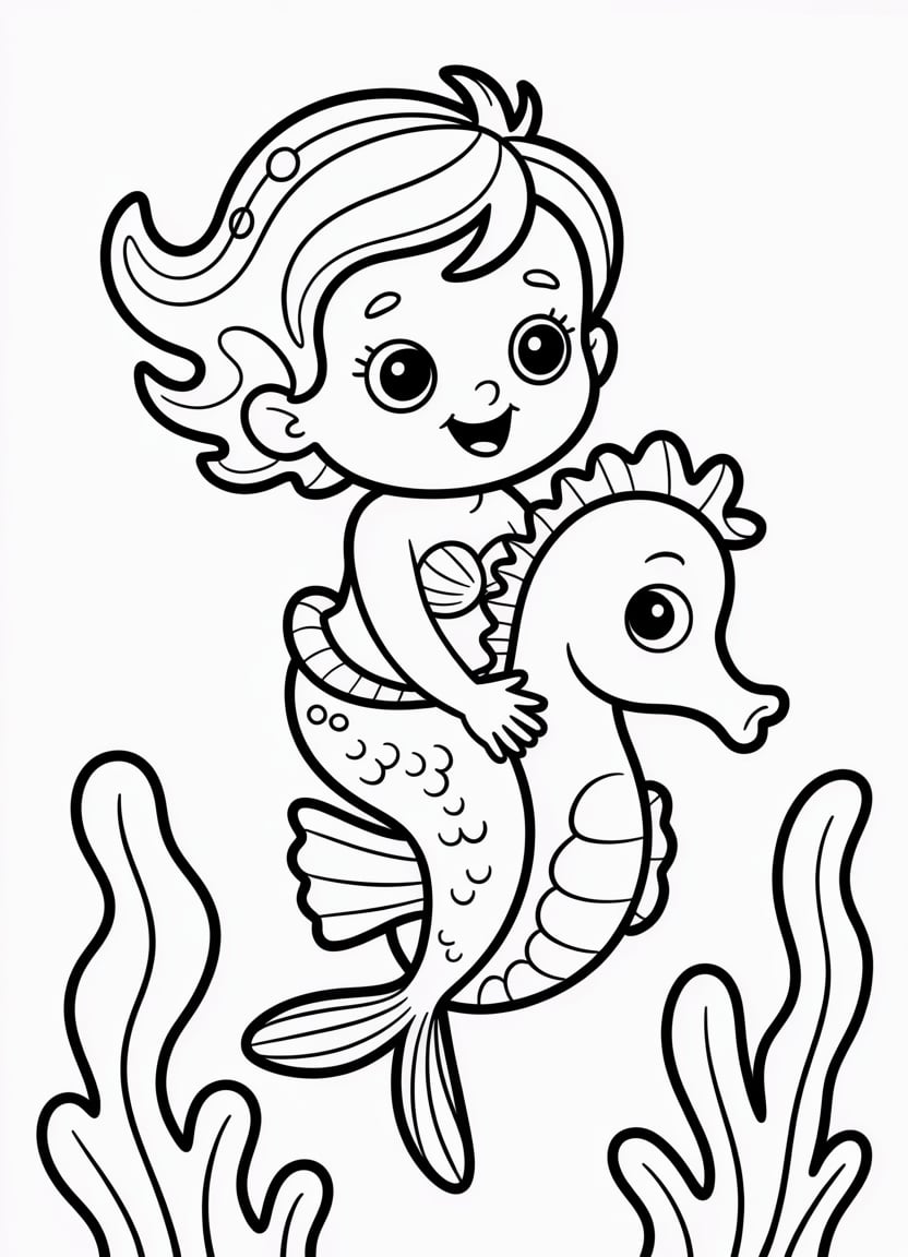 Mermaid coloring pages showing a baby mermaid riding a happy seahorse