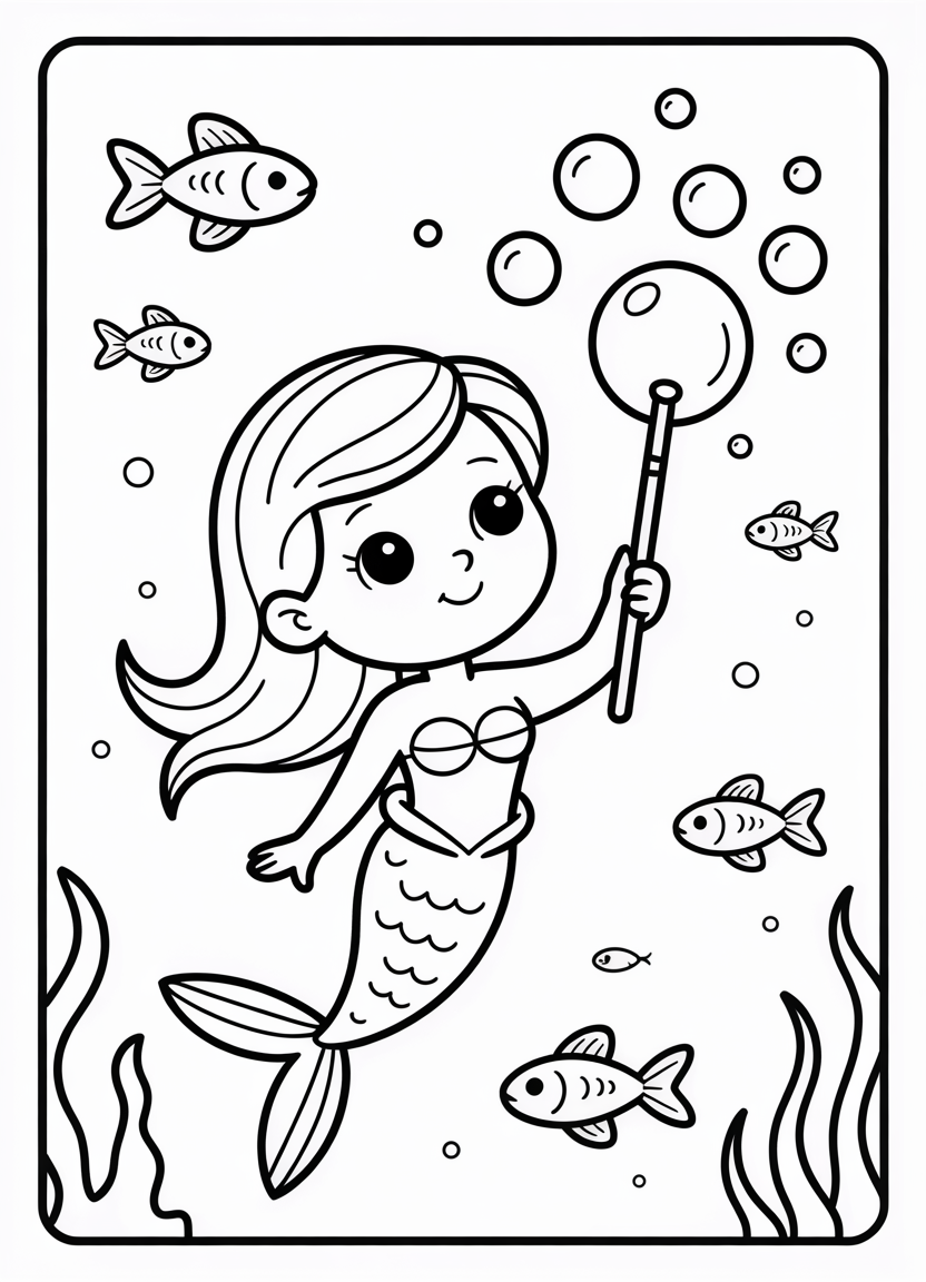 Mermaid coloring pages showing a mermaid blowing bubbles underwater