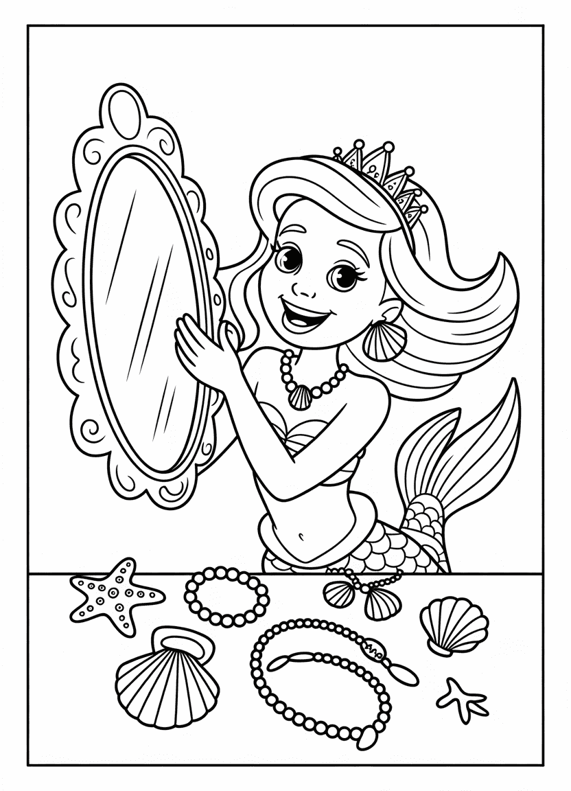 Mermaid coloring pages showing a mermaid dress-up scene with crown and shell earrings