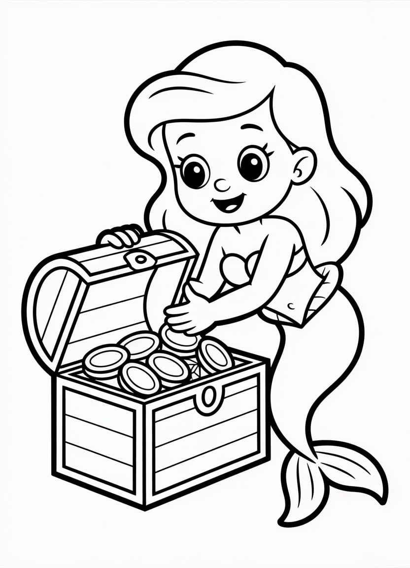 Mermaid coloring pages showing a mermaid opening a treasure chest