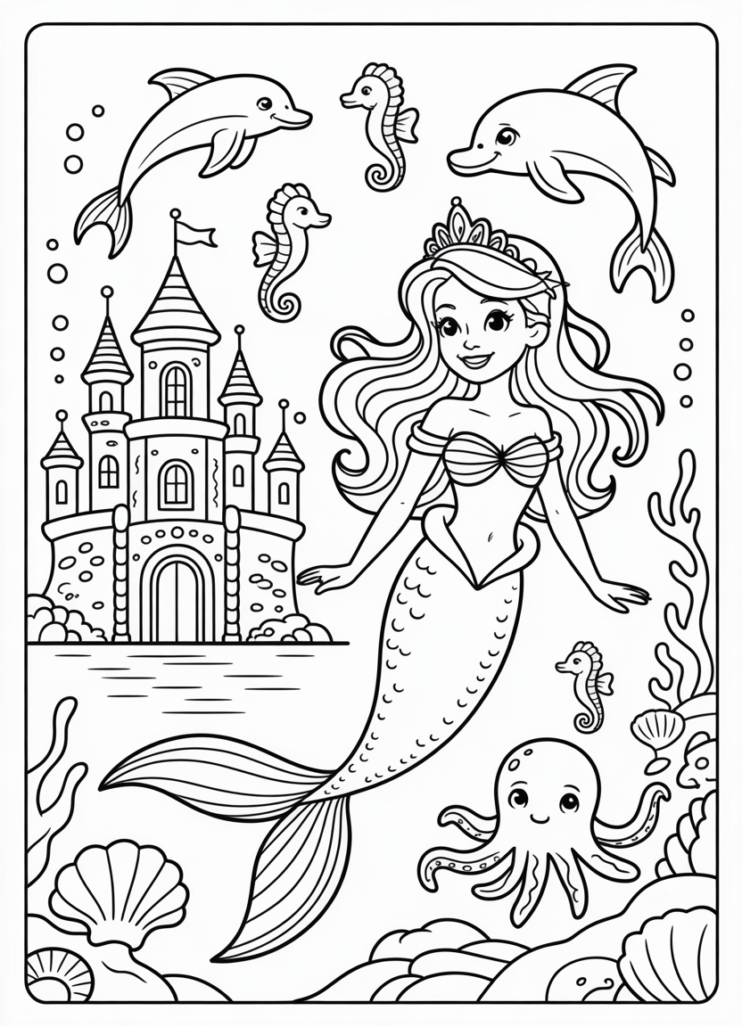 Mermaid coloring pages showing a mermaid princess near an underwater castle