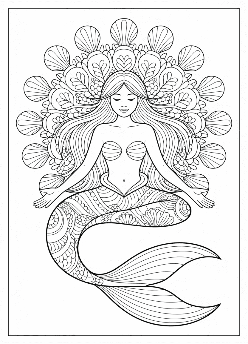 Mermaid coloring pages showing a zen mermaid in a lotus pose with mandala elements