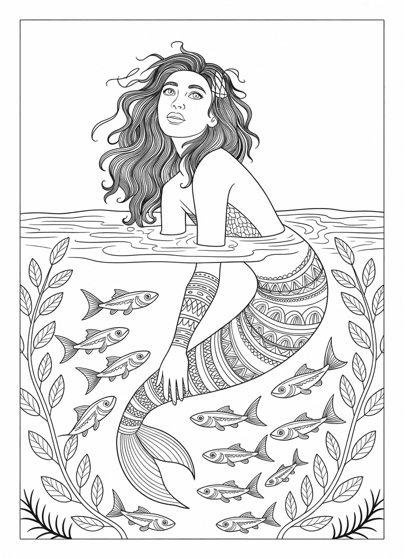 Mermaid coloring pages showing an Amazonian river mermaid with piranhas and jungle vines