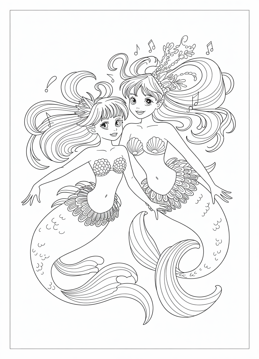 Mermaid coloring pages showing two anime-style mermaids swimming in harmony